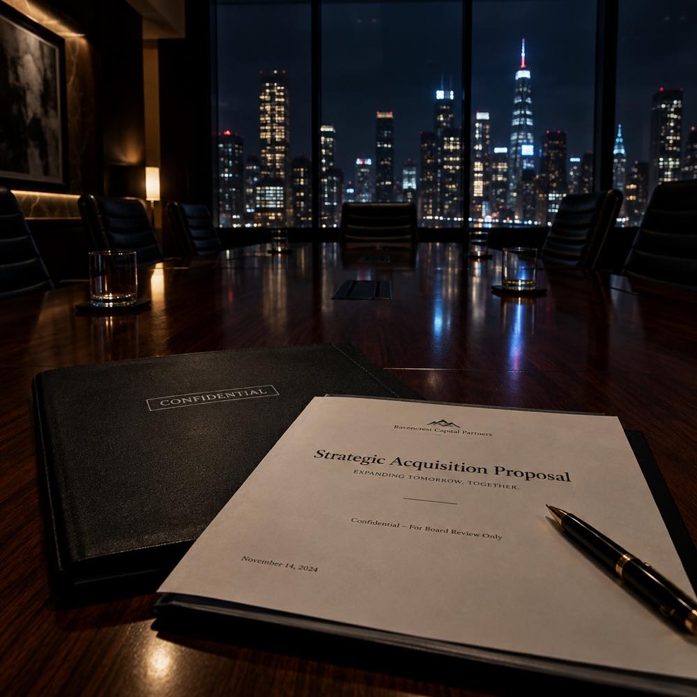 Confidential business proposal documents on a boardroom table, representing the corporate espionage subplot in My Bias, My Boss