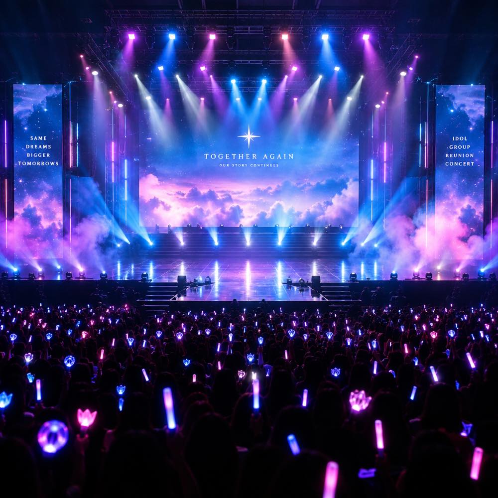 K-pop concert stage with spotlights and crowd lightsticks, representing DNX's reunion concert in the My Bias, My Boss finale