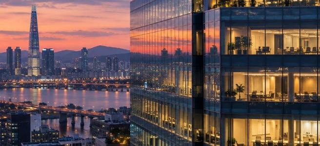 Modern Seoul corporate office building at dusk, representing the workplace rom-com setting of My Bias, My Boss