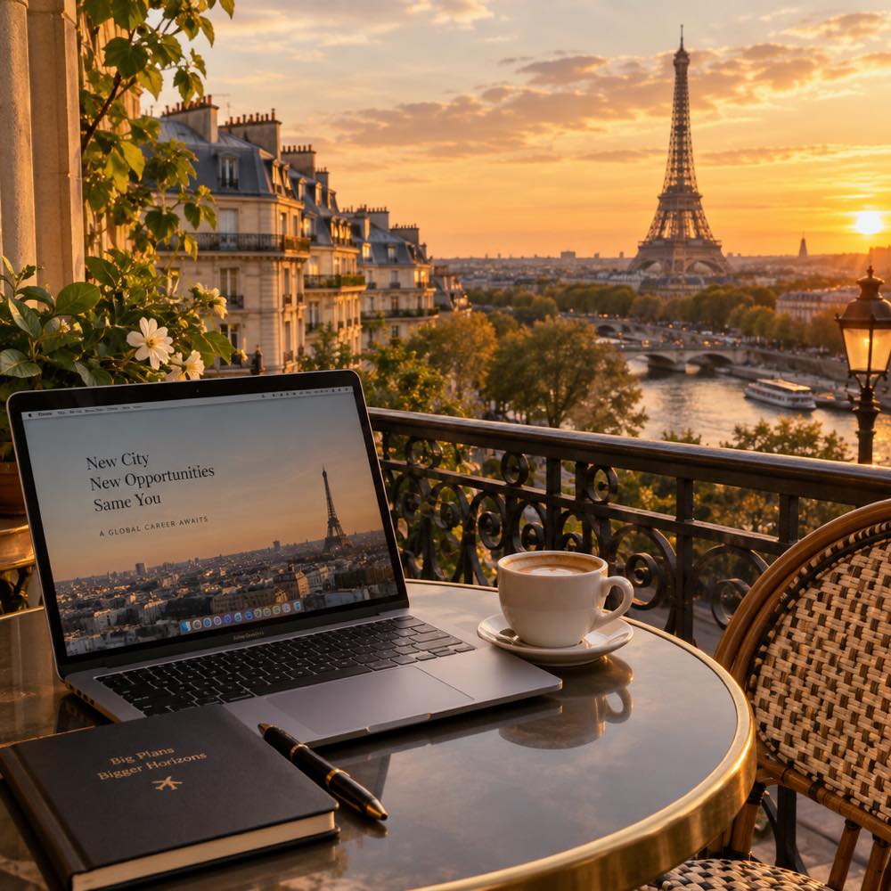 Paris cityscape at golden hour with the Eiffel Tower, representing Da-reum's career move abroad in My Bias, My Boss