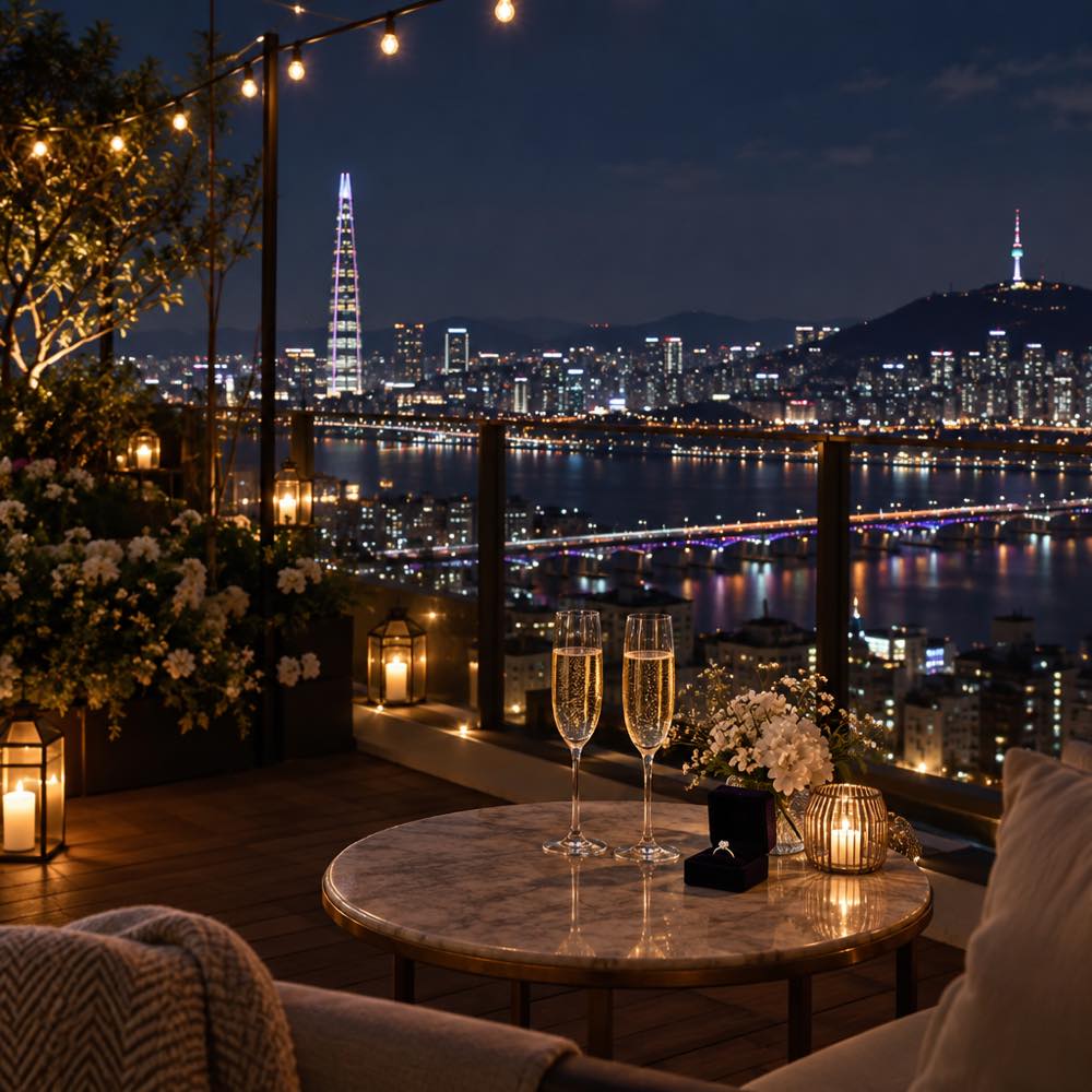 Romantic rooftop terrace overlooking Seoul at night, representing Ha-gi's proposal to Da-reum in the My Bias, My Boss finale