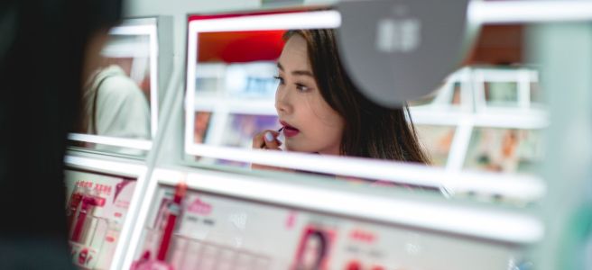 Korean beauty and cosmetics shopping display representing an Olive Young store