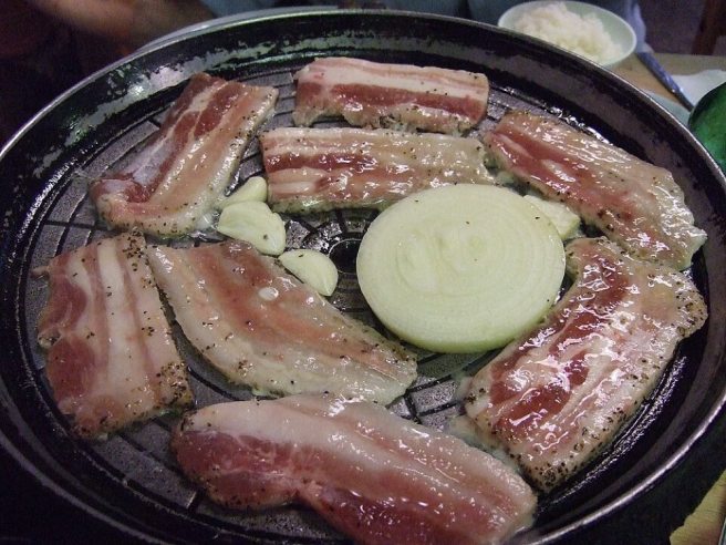 Samgyeopsal, grilled Korean pork belly barbecue, representative of the Korean BBQ dining found at Seongsu-dong Galbi Alley