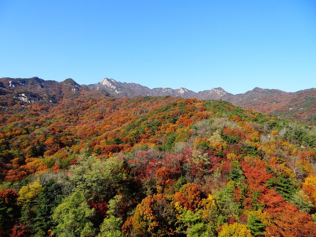 Panoramic view of Bukhansan National Park with colorful autumn foliage in September