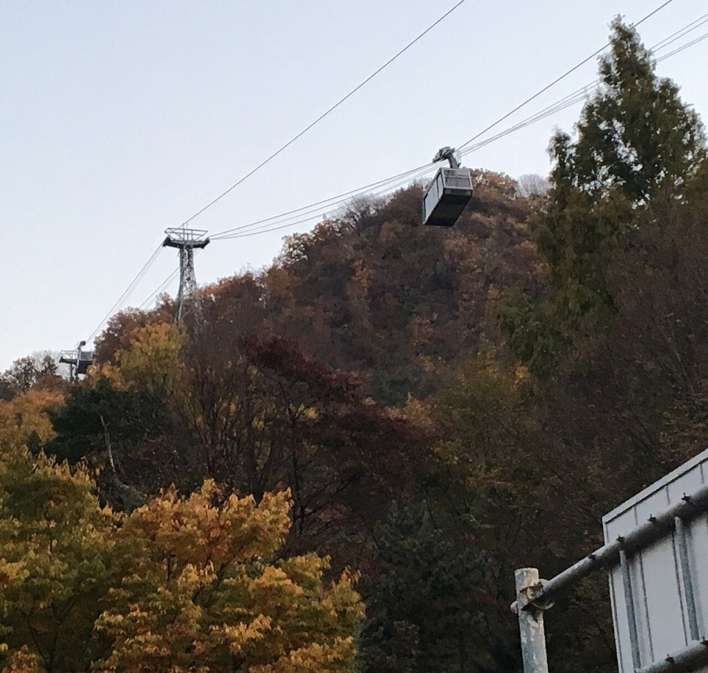 Cable car ascending Namsan Mountain past autumn foliage toward N Seoul Tower